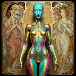 a bright teal magenta gold humanoid, liminal, hyper detailed, intricate, in the style of salvador dali and junji ito and wlop and alphonse mucha and guillermo del toro
