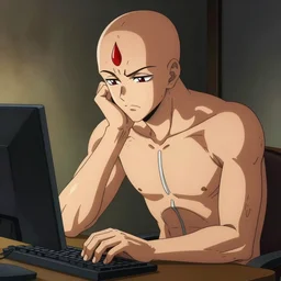 portrait of bored saitama sitting in front of a computer by yusuke murata and mcbess