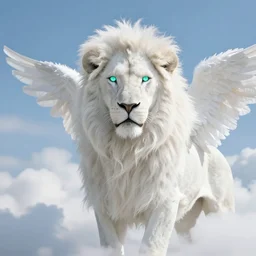 ethereal giant white lion with angelic white mane and bright glowing mint eyes blending into white clouds in a heavenly blue sky