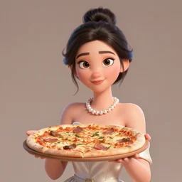 portrait of a young queen holding up a pizza to the camera, pearl necklace, silk dress, soft lighting, sharp focus, neutral background, masterpiece, ultra realistic 3 d render by pixar