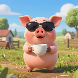 a pig wearing sunglasses holding a cup of coffee on a farm, full body. pixar disney 4 k 3 d render funny animation movie oscar winning trending on artstation and behance. ratatouille style.