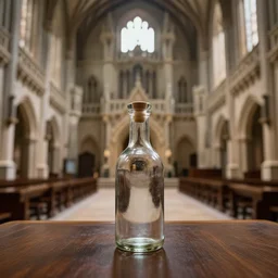 there is a glass bottle sitting on a table in the great hall of a giant castle, foreground focus