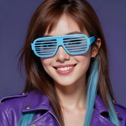 closeup painting of a very beautiful young mexican cyberpunk woman with a smile, light blue retro slotted shades on her face, and a purple coloured leather jacket, one side haircut, long brown hair with light blue ends, portrait, sci - fi, hyperdetailed, cgsociety, synthwave by tangerine dream, by jean - michel jarre, by vangelis, by john carpenter