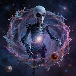 galaxy bender experiencing the high - dimensional manifold of possibilities, elevated consciousness, beautiful astronomical neural network, matte painting and tim burton comic book art, twist of time, realistic, trending on artstation, sharp focus, depth of field, cinematic composition, physics splashes of colors, science fiction, highly detailed