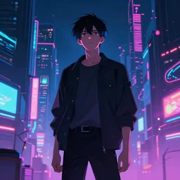 one man standing in front of a cyberperunk city, neon lights, anime, night, very beautiful, trending on deviantart,