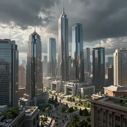 realistic photograph of the future cyber sci - fi city with mixed buildings of different styles in the world ， volumetric lighting, god's ray, soviet, detailed characters, summer, dark overcast weather, high detailed, smooth, mark arian, award winning, highly detailed 4 k art by beeple and fvckrender and visualdon, trending on cgsociety