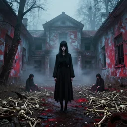 yuki - onna haunting an abandoned asylum by zdislaw beksinski, heavy fog, vibrant and creepy atmosphere, bones cover the floor, style of takato yamamoto and vania zouravliov