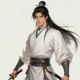 full character of a long hair handsome ancient chinese martial hero with sword, character design, painting by gaston bussiere, katsuya terada, nc wyeth, greg rutkowski, craig mullins, vermeer, frank frazetta, mucha, tom of finland, trending on artstation, jeffery catherine jones