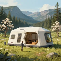 cabela's tent sci - fi retro futuristic pop up family space pod, cabin, modular, person in foreground, mountainous forested wilderness open fields, beautiful views, painterly concept art, joanna gaines, environmental concept art, farmhouse, magnolia, concept art illustration by ross tran, by james gurney, by craig mullins, by greg rutkowski trending on artstation