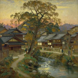 a beautiful painting of an acient japanese town nearby a small river in the evening by alfons maria mucha and ivan aivazovsky, ultra detailed, volumetric lighting,