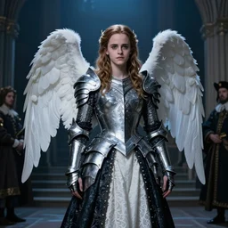 vertical portrait of an angel gothic emma watson in dark and white dragon armor, rococo outfit. by gaston bussiere, by rembrandt, 1 6 6 7, artstation trending, blue light, by konstantin razumov *