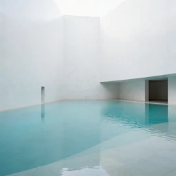 the interior of an expansive building with surreal minimalist architecture, partially flooded with blue - green water, made of all white ceramic tiles, liminal space, - n 9