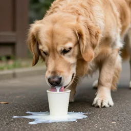 golden retriever licking a cup of spilled milk on the ground