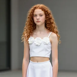 1 9 years old slim curly ginger hair gabriella papadakis, neck wrinkles, wearing white skirt and white flowers crop top
