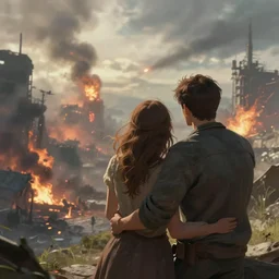 a young couple watching the apocalypse unfold, romantic detailed digital matte painting
