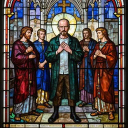 glass work of jesse pinkman and his 1 2 apostles of breaking bad in stained glass, scene set in a church, praise jesse pinkman, by harvey littleton, by vera liskova, by lino tagliapietra, by dale chihuly, beautiful composition