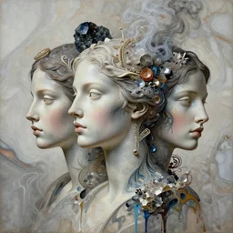 3 d abstract head shot intricate portrait of the beautiful three supermodel females face silhouette mixed with liquid acrylic paint and smoke, intricate filigree, elegant, abstract art, giant minerals, quartz and giant abstract marble painting, masterpiece of renaissance sculpture. highly detailed. concept art, matte painting. epic. octane render, excellent composition, venetian masterpiece by wlop, kandinski, greg rutkowski