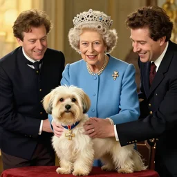 queen of england placing the victoria cross around the neck of a cream - colored havanese dog, england, 1 9 0 0, tartakovsky, atey ghailan, goro fujita, studio ghibli, rim light, happy, warm lighting, clear focus, very coherent