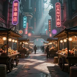 futuristic market with neon signs and old wooden carts