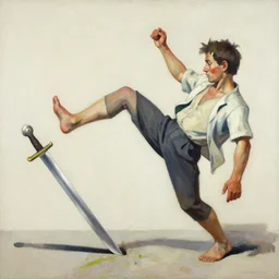 greg manchess portrait painting of a peasant tripping over a sword, asymmetrical, profile picture, organic painting, sunny day, matte painting, bold shapes, hard edges, street art, trending on artstation, by huang guangjian, gil elvgren, ruan jia, randy vargas, greg rutkowski