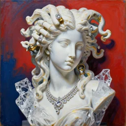 a beautiful painting lovely 3 d coquettish marble statue medusa robot, jewelry, diamond jewelry, ice carving, gold, silver, etc by ukiyo - e award - winning art, andy warhol color, dramatic light, octane render