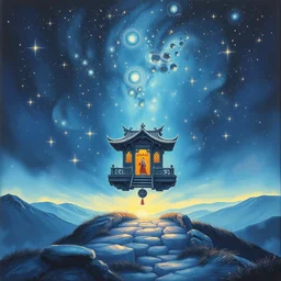 paint brush strokes, oil pastel painting of a hovering small miniature shrine, ancient, enchanted, iridescent and ethereal in a starlit landscape at night, cinematic light, centered perspective, in the style of noriyoshi ohrai
