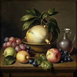 A renaissance painting of fruits on a table
