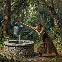 a medieval monk, pulling a bucket! of water! out of a stone well!!, in a forest, highly detailed, oil painting, masterpiece, nature, fantasy illustration, romanticism, award winning,