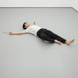 a chinese person laying flat on the floor by daniel johnston and peter doig, line brush, minimal, 4 k