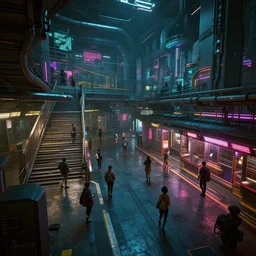 intricate detailed photo environement cyberpunk metro station : 4, 4 k rtx hdr volume light concept studio matte painting environement digital illustration style cyberpunk 2 0 7 7 artstation artur tarnowski, mihai muscan, marcin tomalak, marta leydy, marcin stepien, charlotte hughes, zuzanna dabrowa neon bioluminiscence