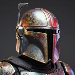 an artistic and realistic 8k sculpture of a Mandalorian helmet, bright psychedelic color, dramatic lighting, silver gold red details, filigree, intricate details, cinematic, elegant, micro detail, octane render, filmic, interesting camera angle, nicely centered in frame, 8k post-processing, intricate art by John Collier and Alphonse Mucha and Greg Rutkowski