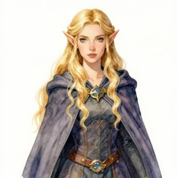 watercolour of a female elven wizard with long wavy blond hair in a cloak, fantasy, d & d