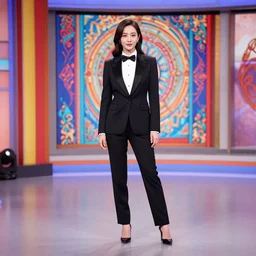 Wide shot of a beautiful woman wearing a tuxedo in a studio with vibrant colors and a colorful backdrop intricate details, sharp, smooth, 16k, HDR shot,  CANON Eos C300, ƒ1.8, 35mm