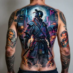 excellent quality full body painting of a cyberpunk samurai with a cyberpunk city night background, 4k, trending on artstation, octane render, art by artgerm and greg rutkowski and alphonse mucha and craig mullins and James Jean and Andrei Riabovitchev and Marc Simonetti and peter mohrbacher