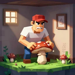 scared duke nukem eating a mushroom, small in room, 3D polygon video game