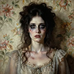 a beautiful and eerie baroque painting of a beautiful but serious woman in layers of fear, with haunted eyes and dark hair piled on her head, 1 9 7 0 s, seventies, floral wallpaper, wilted flowers, deathly pallor, morning light showing injuries, delicate ex embellishments, painterly, offset printing technique