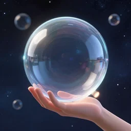 a hand holding a big glass bubble in a cosmos space full of stars and vibrant clouds, volumetric light, green and yellow colors, digital art, artstation