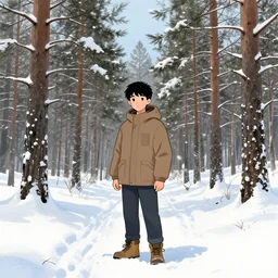 yakut teenager standing in pine forest, snow, winter, manga style drawing
