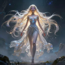 beautiful cinematic fantasy poster a full body extreme long shot of a beautiful princess like a disney princess hybrid with flowing illuminated hair, beautiful glowing galaxy eyes, full subject in frame, wideshot ultrawide angle epic scale, hybrid from The Elden Ring and art direction by Darius Zawadzki ;by artgerm; wayne reynolds art station, coherent body and limbs; cinematic quality character render; low angle; ultra high quality model; production quality cinema model;