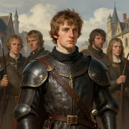portrait of a young squire, illustration by larry elmore, michael wellen, john stephens, in a medieval city, tone mapping, airbrushed clouds, trending on artstation