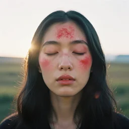 An analog head and shoulder frontal face portrait photography of a woman wearing red powder makeup by Flora Borsi and Annie Leibovitz. Long black hair. eyes closed. Kodak Color Plus 800 film. Icelandic mood. detailed. hq. realistic. warm light. muted colors. lens flare. Glare and bloom. photoreal. Medium format photography. Rembrandt light mood. Golden hour. Leica M9.