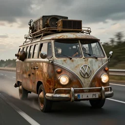 ultra realistic steampunk volkswagen bus, dramatic lighting, driving on autobahn,