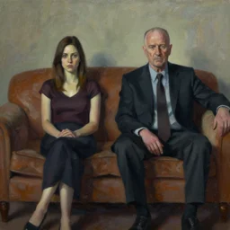 jon hale painting of kim wexler and saul goodman sitting on couch, ominious, strange composition, visible brush strokes