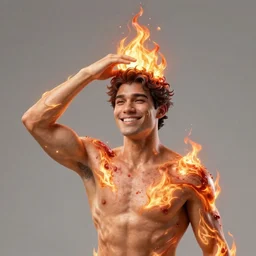 a happy man in his early 4 0 s receiving divine fire powers on his head and body, art by artgerm, artstation, character modeling, realism