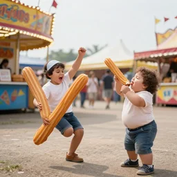 a churro dancing away from a chubby kid that's trying to eat it at a carnival - n 9