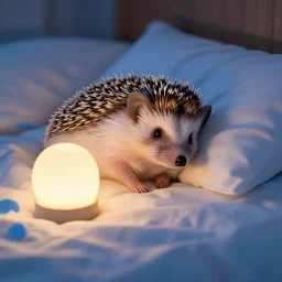 cute hedgehog sleeping in bed with nightlight beside it, comfortable, bright colours, night, cute, adorable, covers, blankets, bed, pillow, asleep