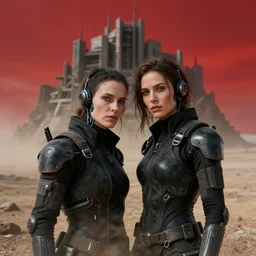 cinestill 5 0 d photographic portrait of two loving female androids wearing rugged black techwear on a desolate plain with a red sky in front of a brutalist structure, extreme closeup, cyberpunk style, dust storm, 8 k, hd, high resolution, 3 5 mm, f / 3 2, ultra realistic faces, ex machina