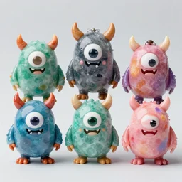 5 cute monsters, made of gemstone + mineral pigment + ticks + plastic, highly detailed, 4 k,