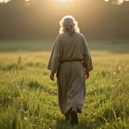 old prophet wandering about a meadow. lit from behind. radiant glow. iso 1 5 0