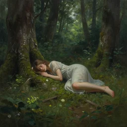 a girl sleeping in a forest, she is laying down. very detailed, award winning, masterpiece digital painting by greg rutkowski, alex grey, artstation, 4 k wallpaper